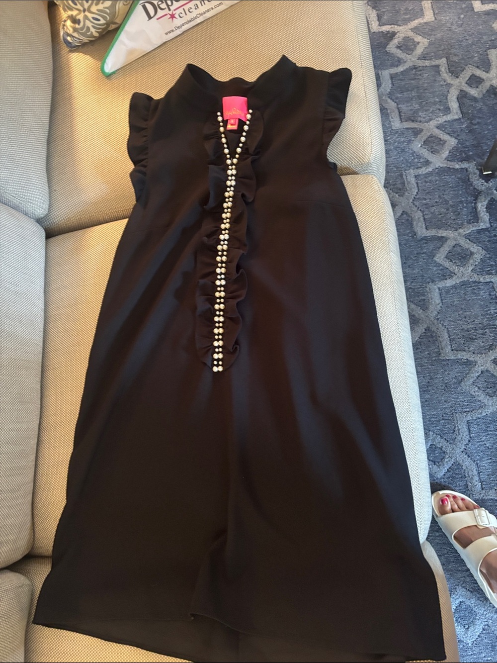 Women’s Black Ruffle Front Pearl-Trim Dress